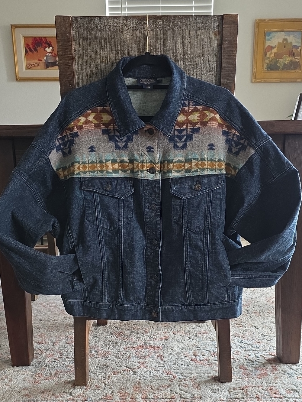 Pendleton Women's XL Denim Jean Jacket With Wool Southwestern Inset 🧡🌅💙🐎👢